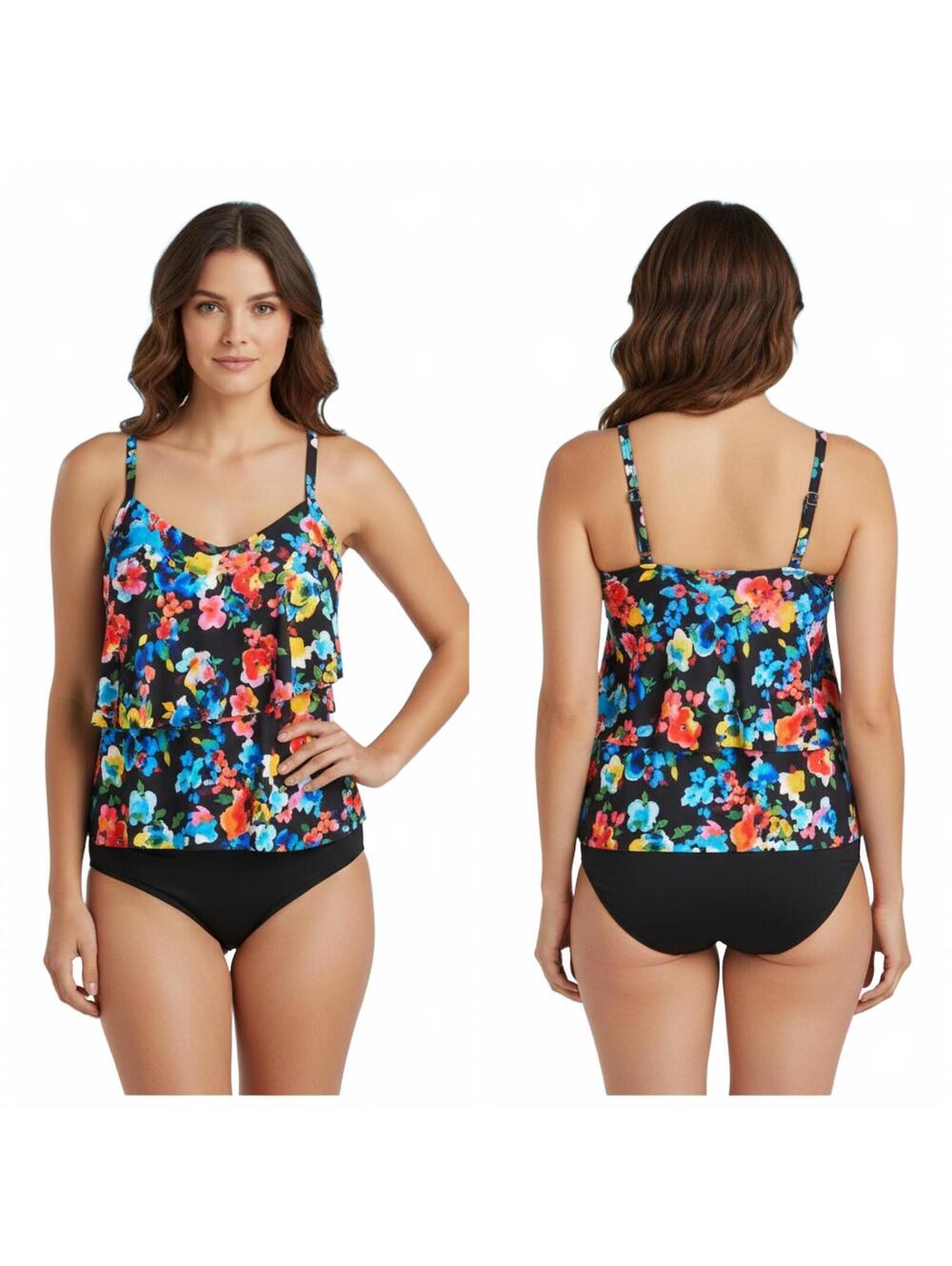 Floral Tankini Swimsuit Top Layered Ruffle Plus Size Swimwear